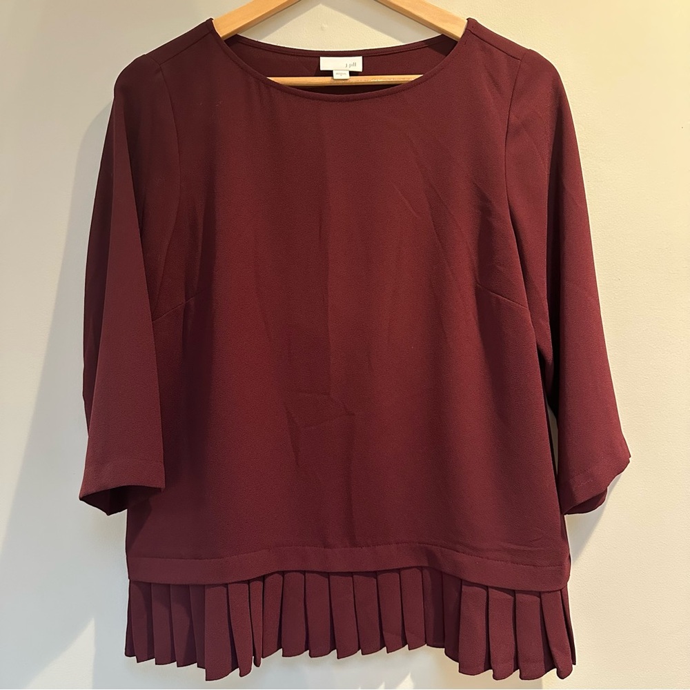 J. Jill 3/4‑Sleeve Blouse Women’s Small | Burgundy/Wine Pleated‑Hem Tunic Top
